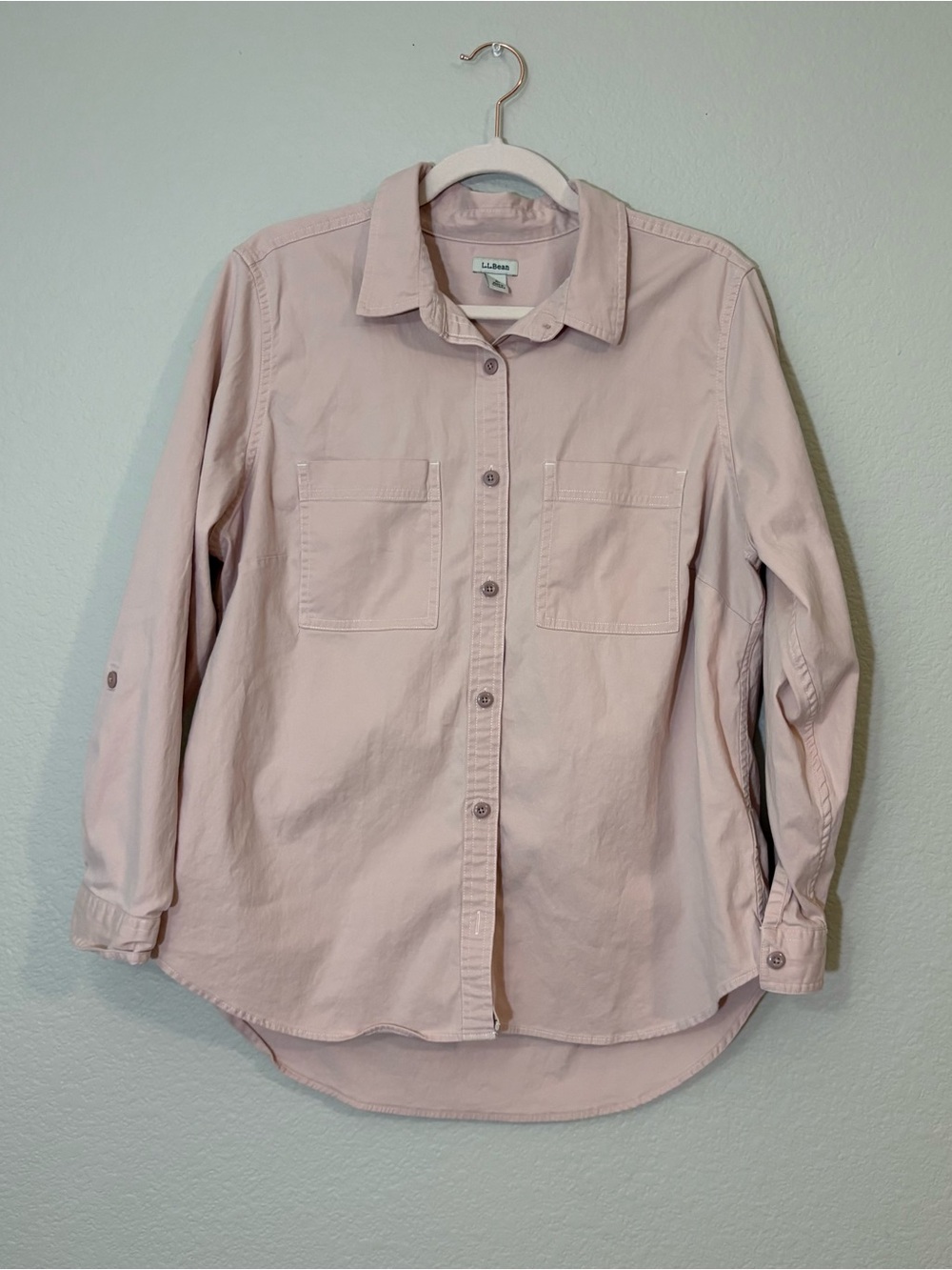 L.L.Bean Womens Large Petite Pink Button Front Shirt Roll Tab Long Sleeve